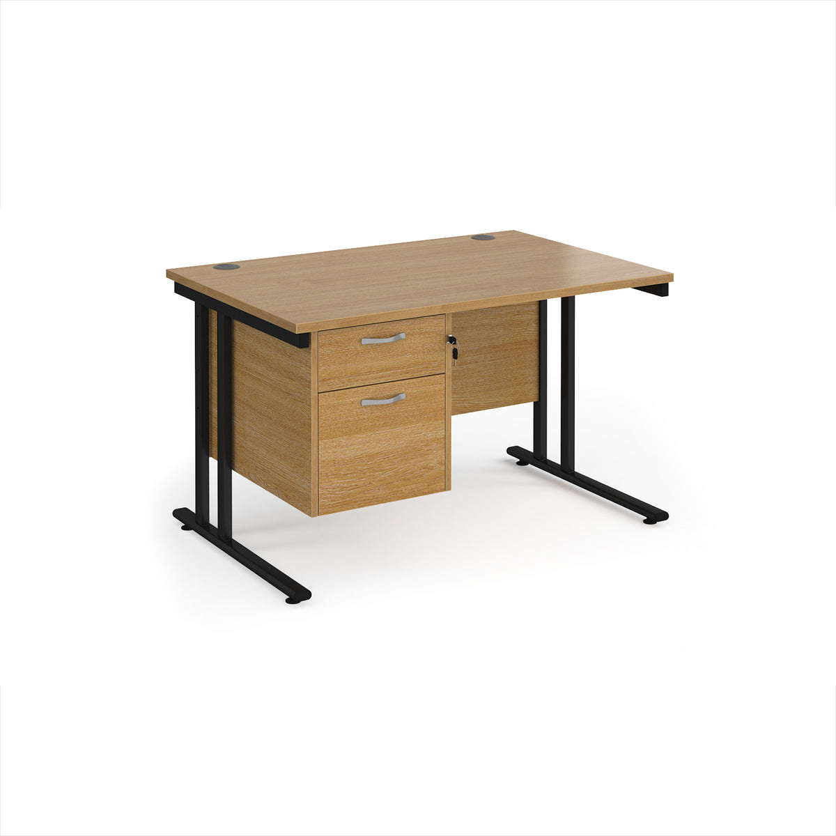 Maestro 25 straight desk 1200mm x 800mm with 2 drawer pedestal - black cantilever leg frame, Oak Top - view 1
