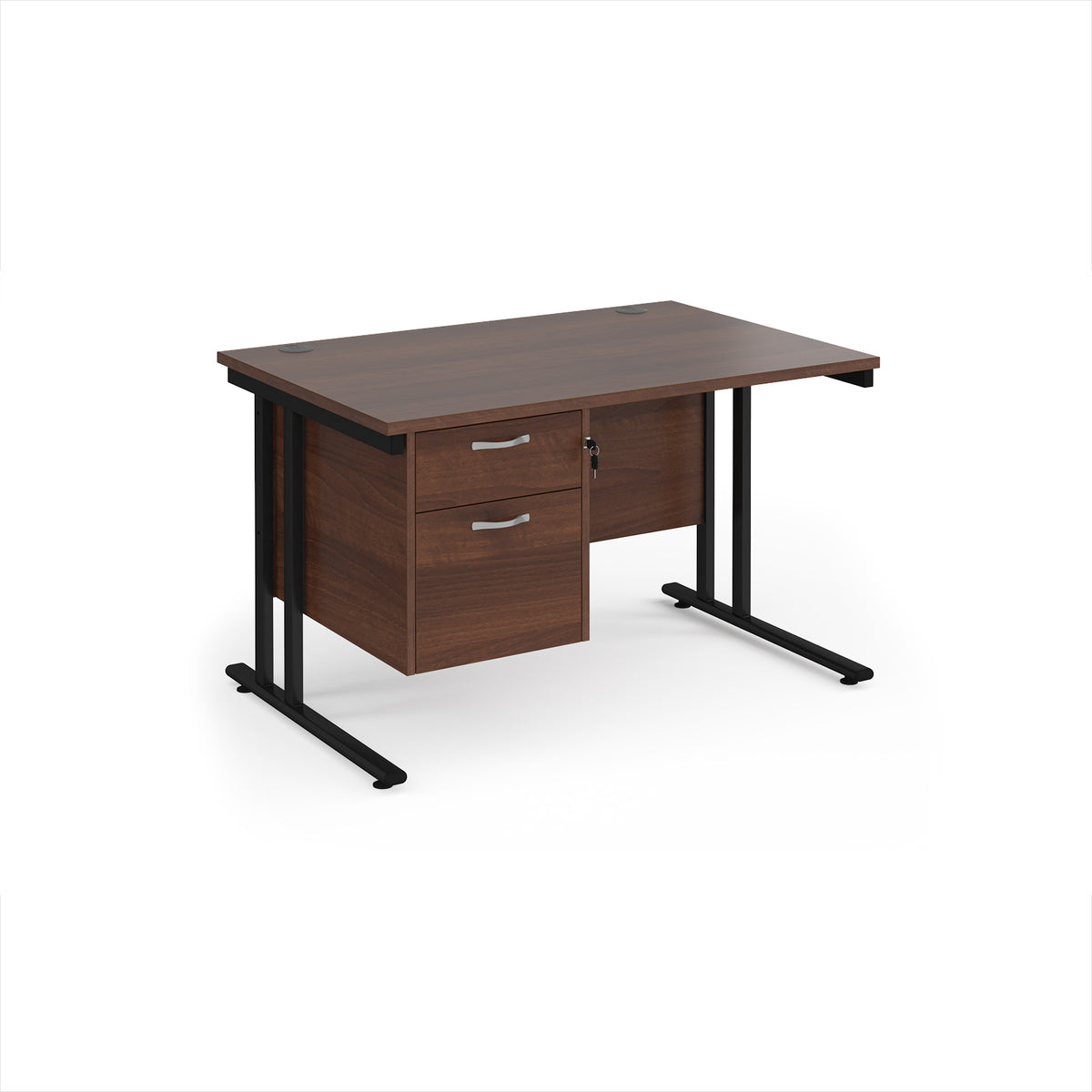 Maestro 25 straight desk 1200mm x 800mm with 2 drawer pedestal - black cantilever leg frame, Walnut top - view 1