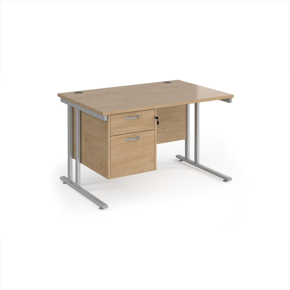 Maestro 25 straight desk 1200mm x 800mm with 2 drawer pedestal - silver cantilever leg frame, Kendal Oak Top - view 1