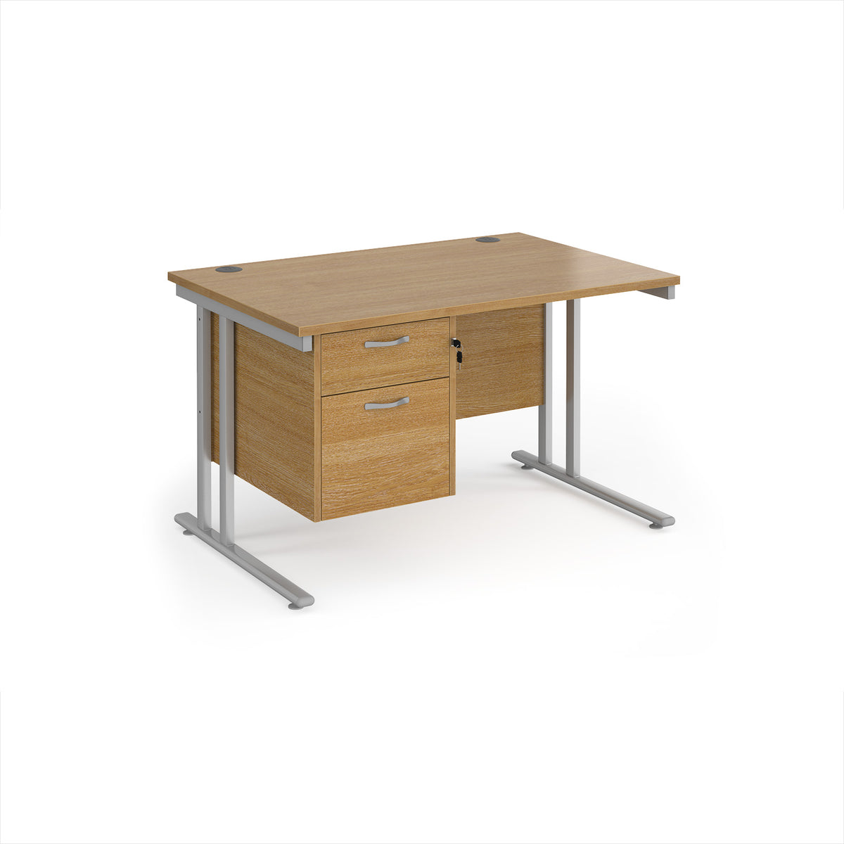 Maestro 25 straight desk 1200mm x 800mm with 2 drawer pedestal - silver cantilever leg frame, Oak Top - view 1