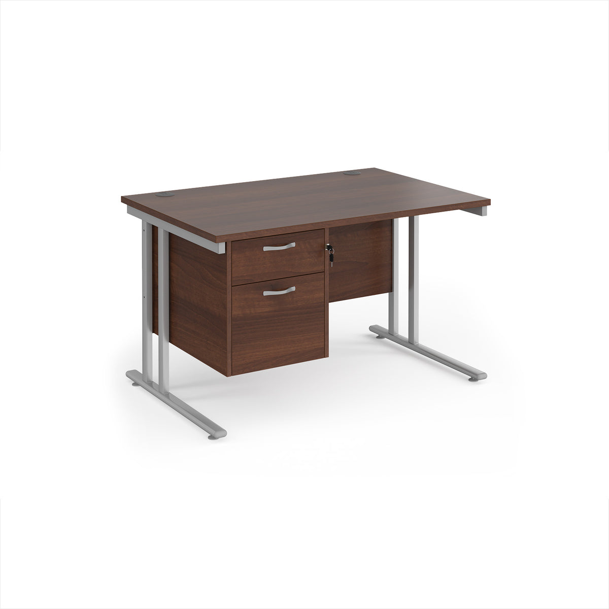 Maestro 25 straight desk 1200mm x 800mm with 2 drawer pedestal - silver cantilever leg frame, Walnut top - view 1