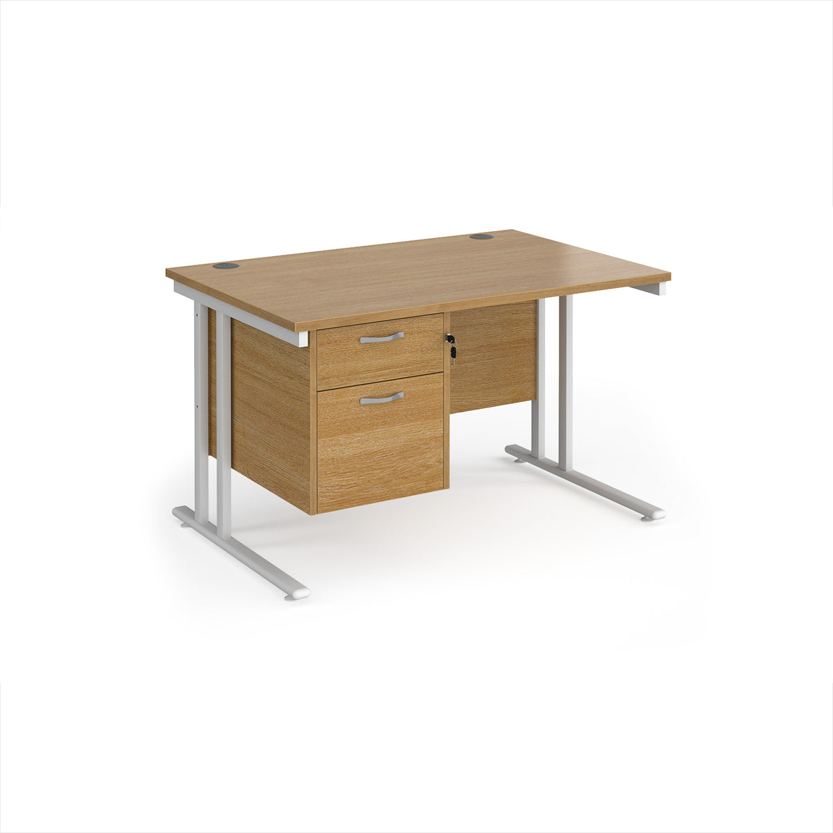 Maestro 25 straight desk 1200mm x 800mm with 2 drawer pedestal - white cantilever leg frame, Oak Top - view 1