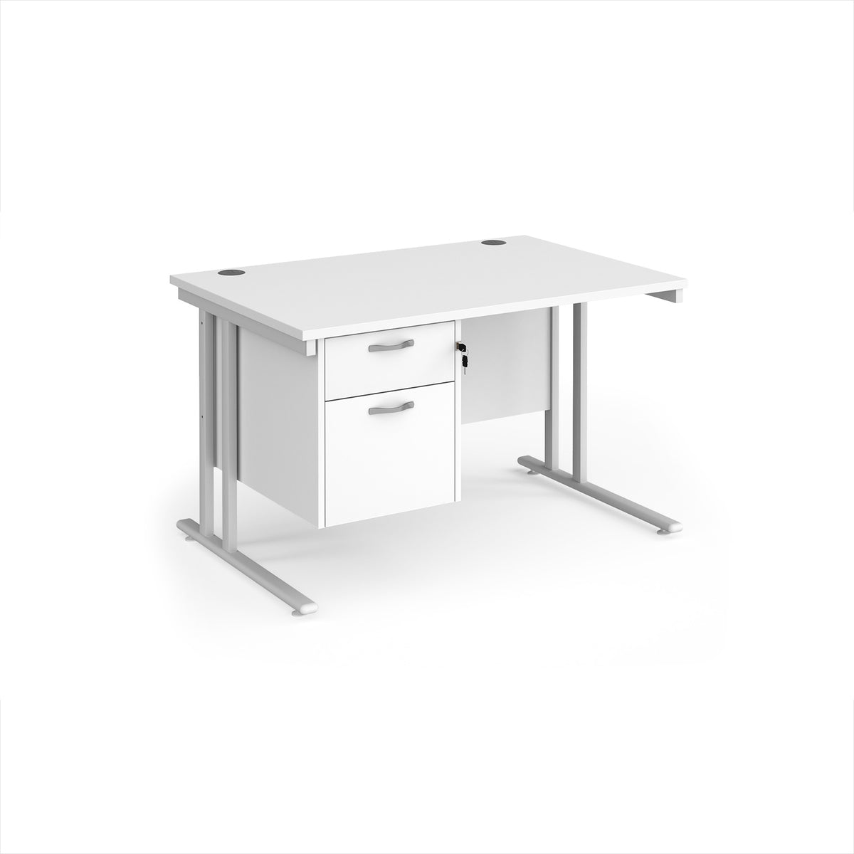 Maestro 25 straight desk 1200mm x 800mm with 2 drawer pedestal - white cantilever leg frame, White Top - view 1