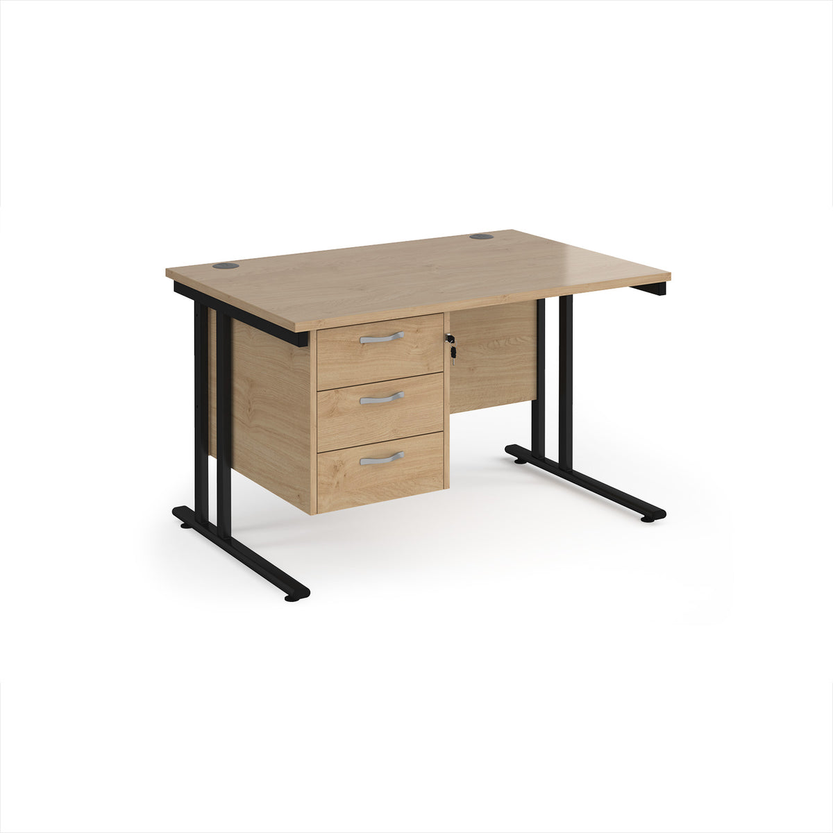 Maestro 25 straight desk 1200mm x 800mm with 3 drawer pedestal - black cantilever leg frame, Kendal Oak Top - view 1