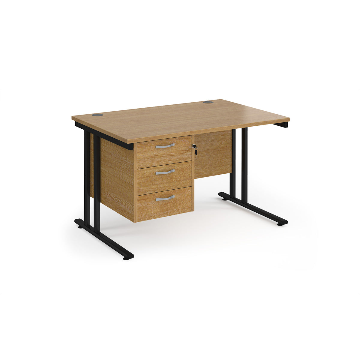 Maestro 25 straight desk 1200mm x 800mm with 3 drawer pedestal - black cantilever leg frame, Oak Top - view 1