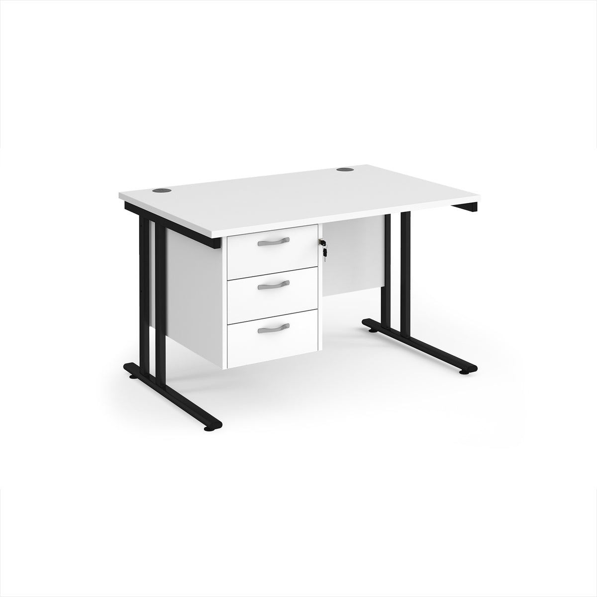 Maestro 25 straight desk 1200mm x 800mm with 3 drawer pedestal - black cantilever leg frame, White Top - view 1