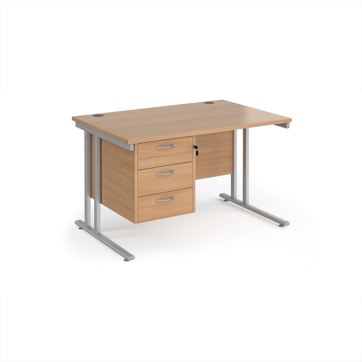 Maestro 25 straight desk 1200mm x 800mm with 3 drawer pedestal - silver cantilever leg frame, Beech top - view 1