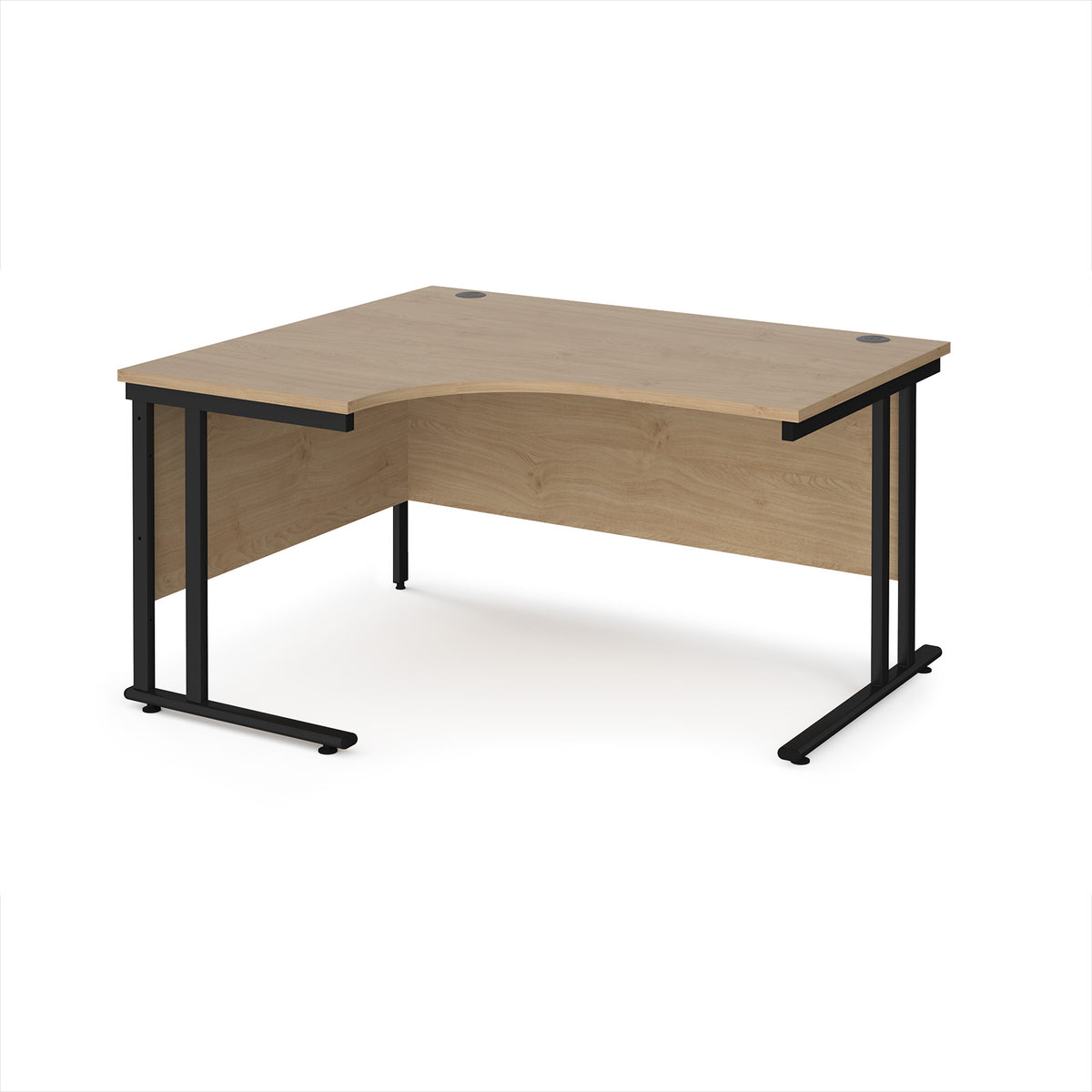Maestro 25 left hand ergonomic desk 1400mm wide - black cantilever leg frame, Kendal Oak Top - view 1