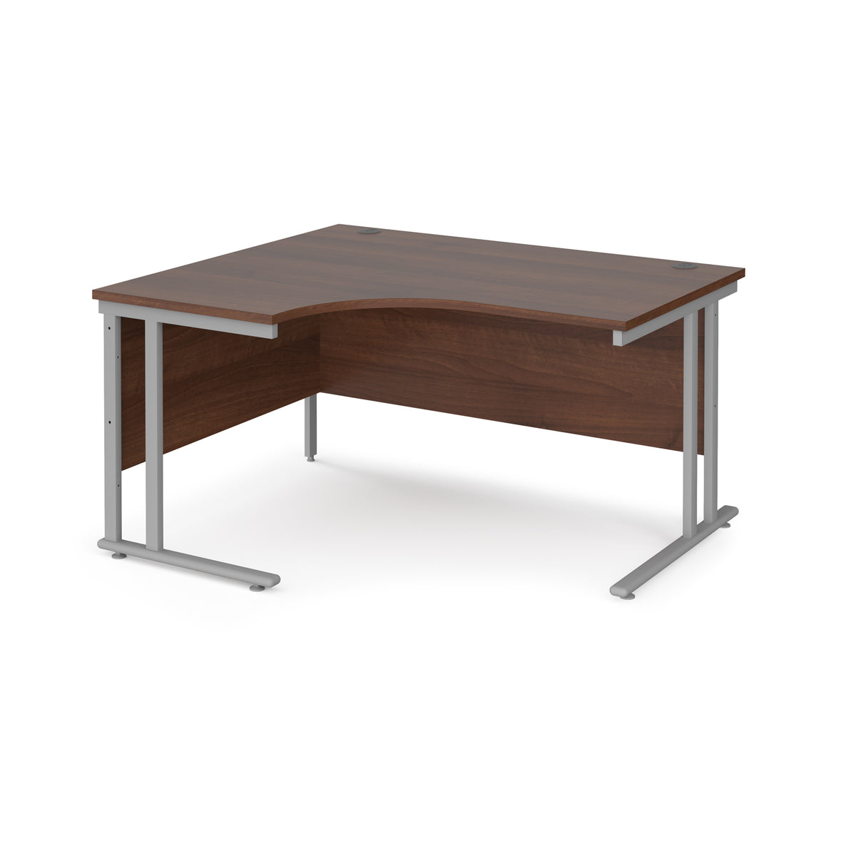 Maestro 25 left hand ergonomic desk 1400mm wide - silver cantilever leg frame, Walnut top - view 1