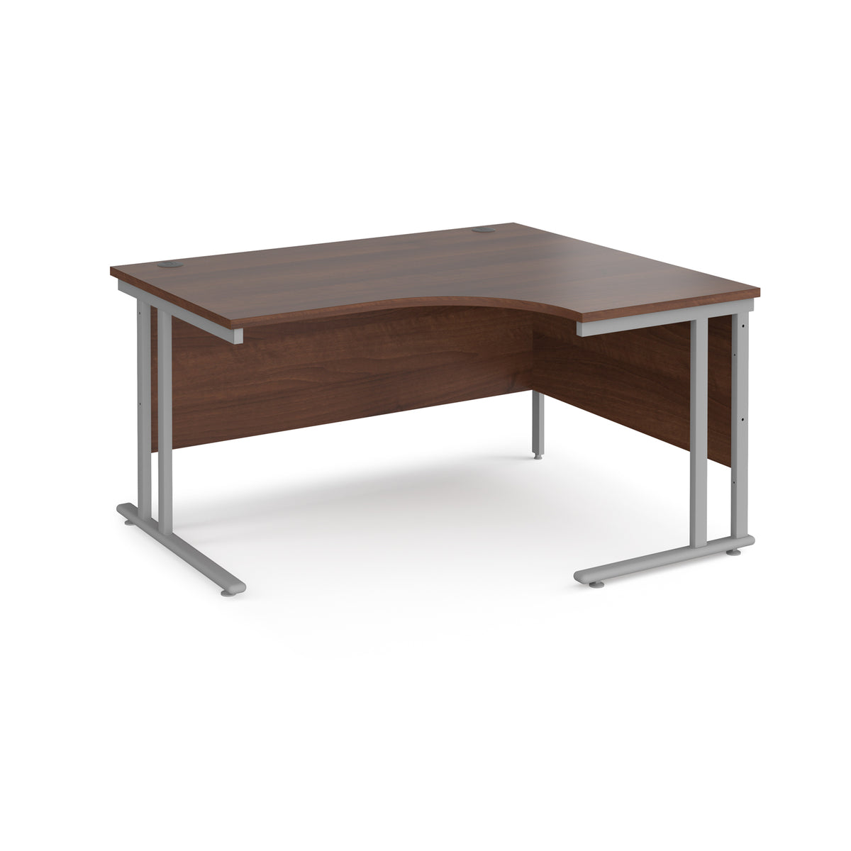 Maestro 25 right hand ergonomic desk 1400mm wide - silver cantilever leg frame, Walnut top - view 1