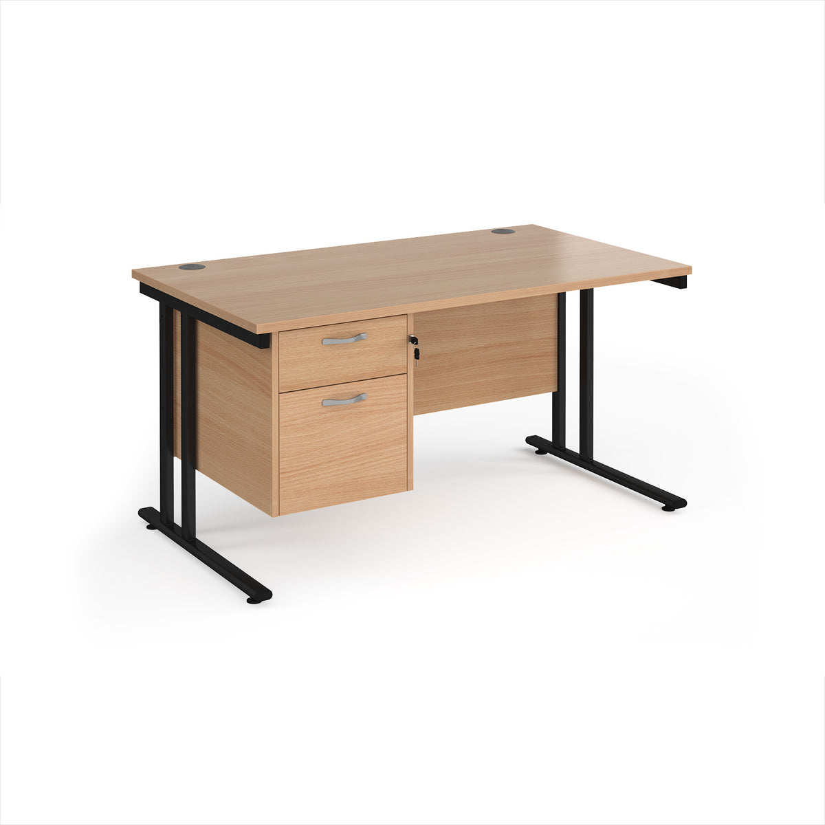 Maestro 25 straight desk 1400mm x 800mm with 2 drawer pedestal - black cantilever leg frame, Beech top - view 1