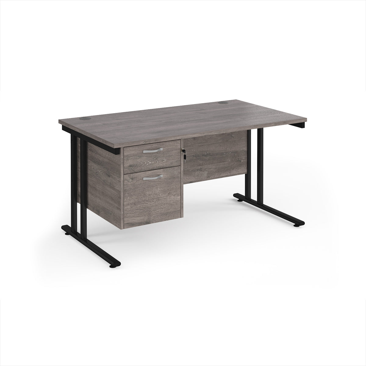 Maestro 25 straight desk 1400mm x 800mm with 2 drawer pedestal - black cantilever leg frame, Grey Oak Top - view 1