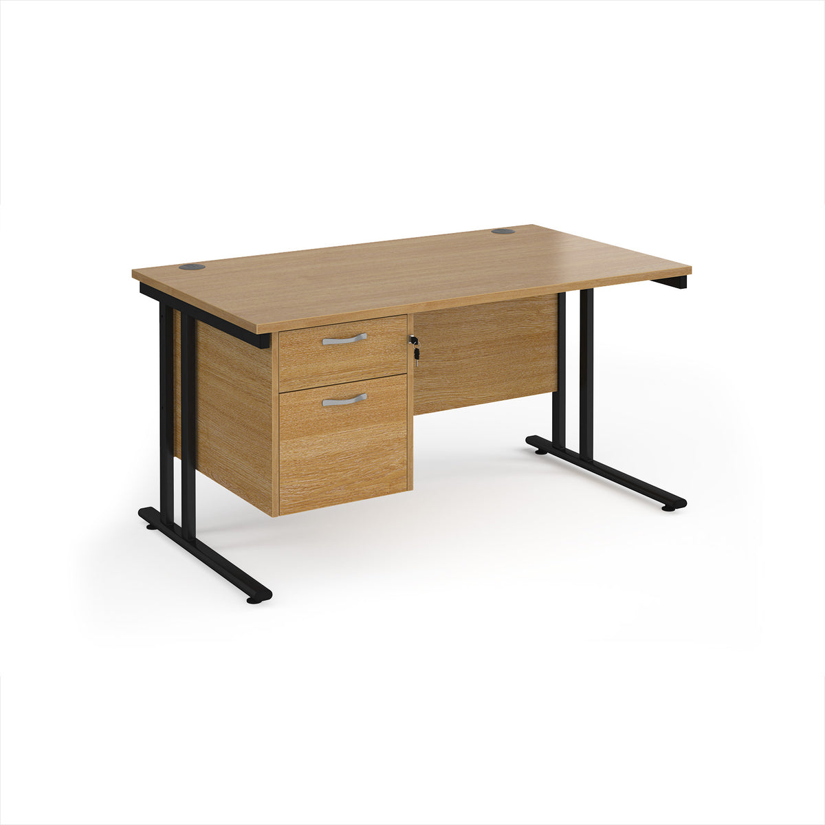 Maestro 25 straight desk 1400mm x 800mm with 2 drawer pedestal - black cantilever leg frame, Oak Top - view 1