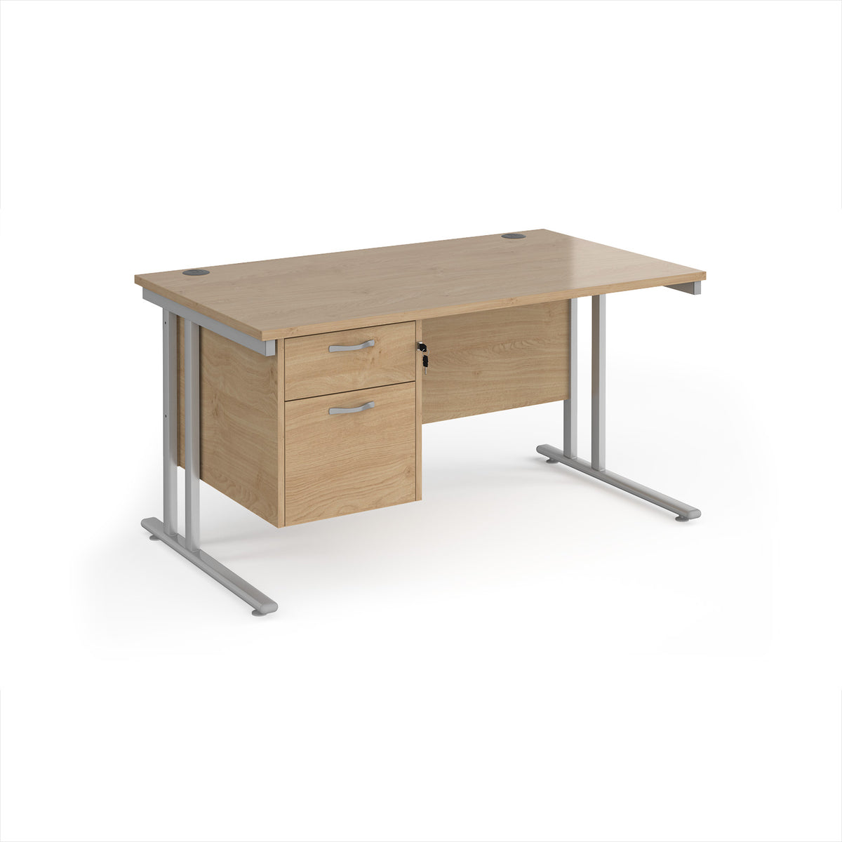 Maestro 25 straight desk 1400mm x 800mm with 2 drawer pedestal - silver cantilever leg frame, Kendal Oak Top - view 1