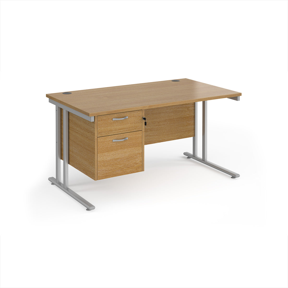 Maestro 25 straight desk 1400mm x 800mm with 2 drawer pedestal - silver cantilever leg frame, Oak Top - view 1