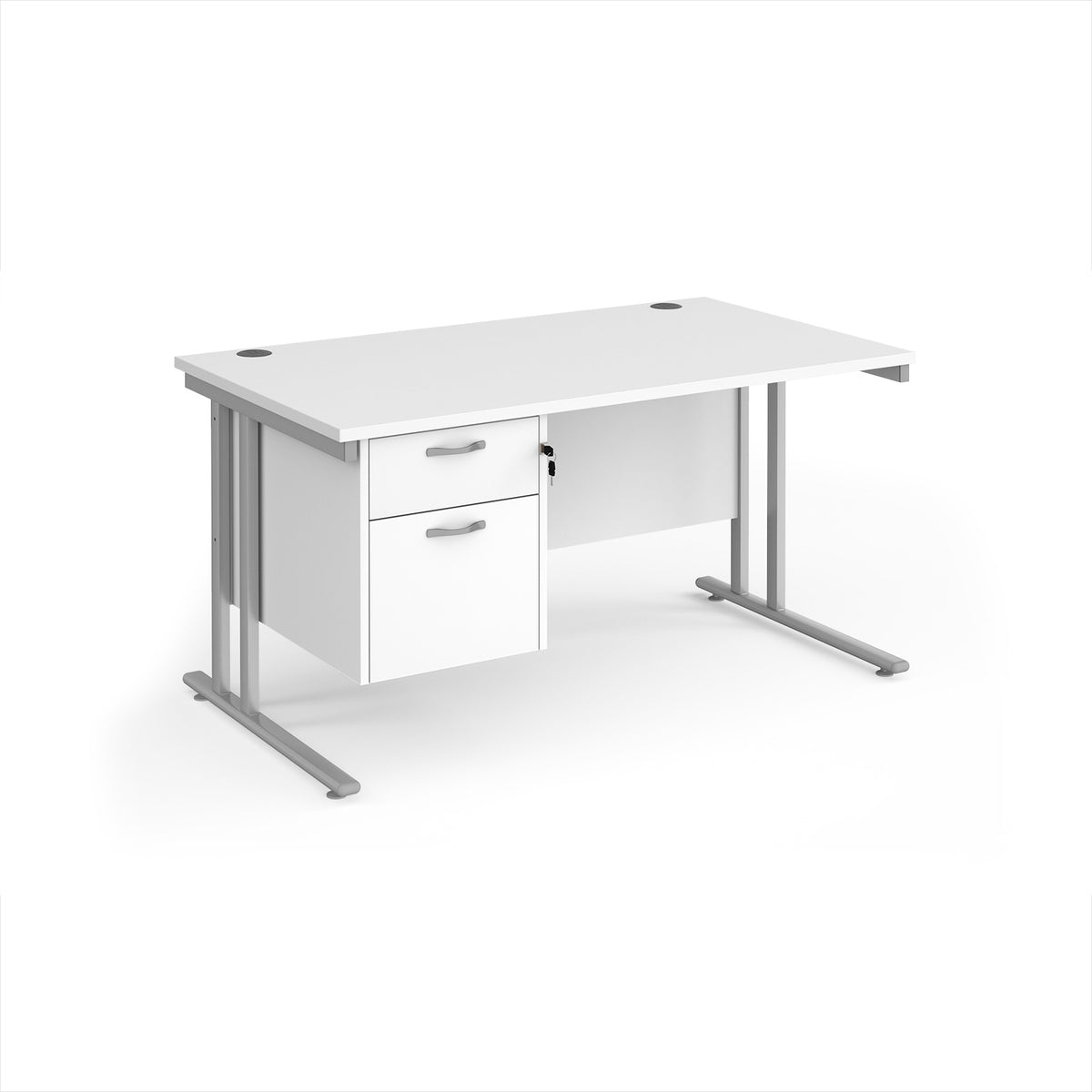 Maestro 25 straight desk 1400mm x 800mm with 2 drawer pedestal - silver cantilever leg frame, White Top - view 1