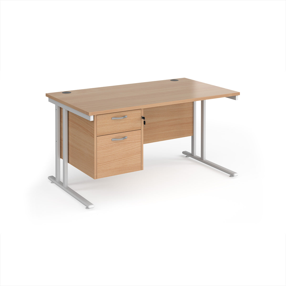 Maestro 25 straight desk 1400mm x 800mm with 2 drawer pedestal - white cantilever leg frame, Beech top - view 1