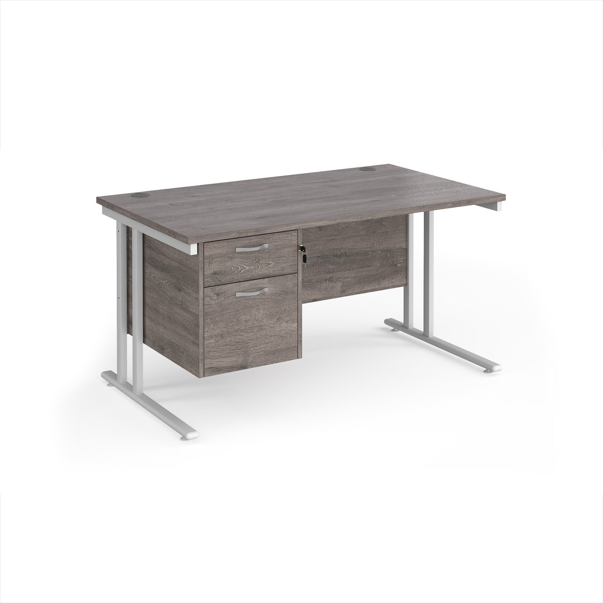 Maestro 25 straight desk 1400mm x 800mm with 2 drawer pedestal - white cantilever leg frame, Grey Oak Top - view 1