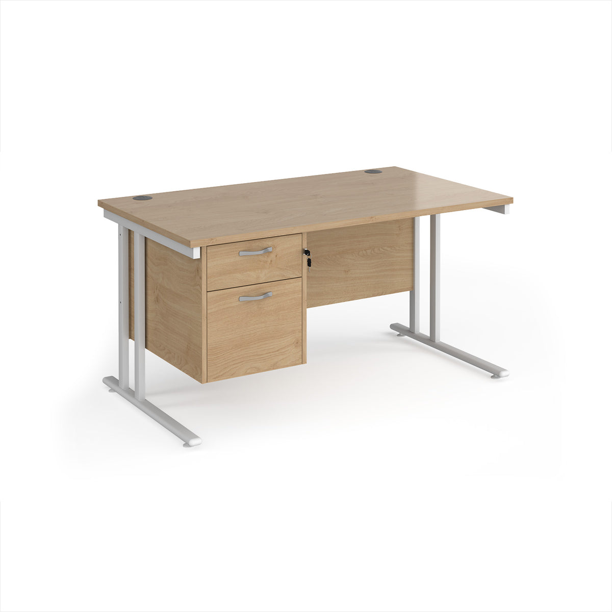 Maestro 25 straight desk 1400mm x 800mm with 2 drawer pedestal - white cantilever leg frame, Kendal Oak Top - view 1