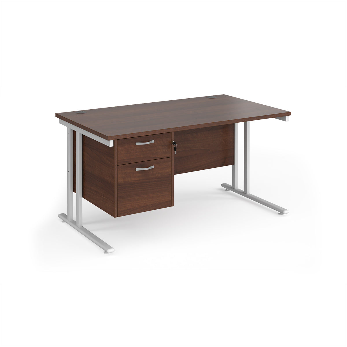 Maestro 25 straight desk 1400mm x 800mm with 2 drawer pedestal - white cantilever leg frame, Walnut top - view 1