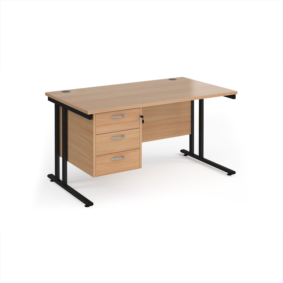 Maestro 25 straight desk 1400mm x 800mm with 3 drawer pedestal - black cantilever leg frame, Beech top - view 1