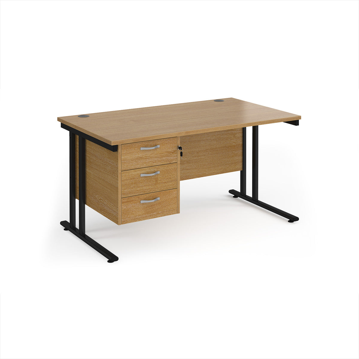 Maestro 25 straight desk 1400mm x 800mm with 3 drawer pedestal - black cantilever leg frame, Oak Top - view 1