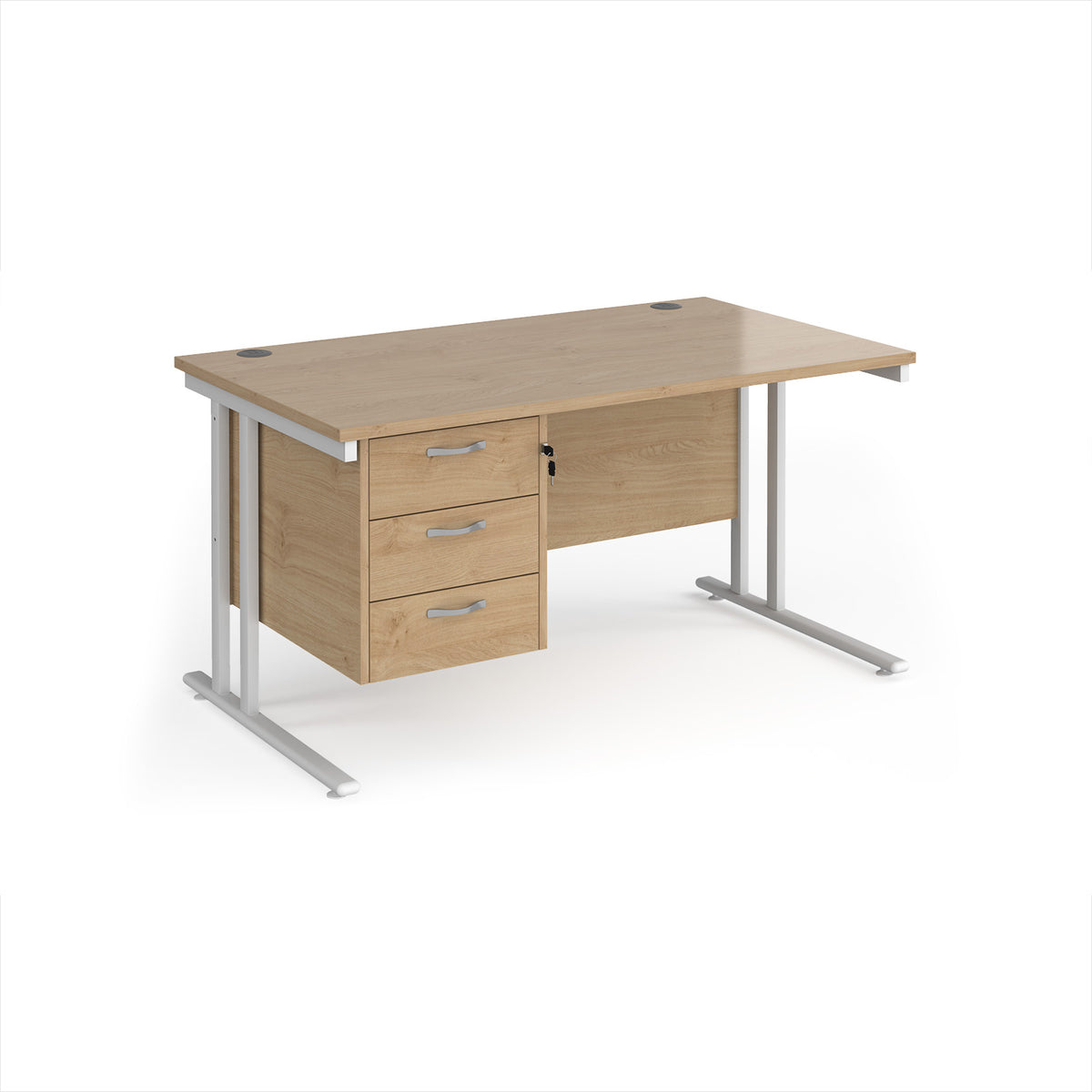 Maestro 25 straight desk 1400mm x 800mm with 3 drawer pedestal - white cantilever leg frame, Kendal Oak Top - view 1