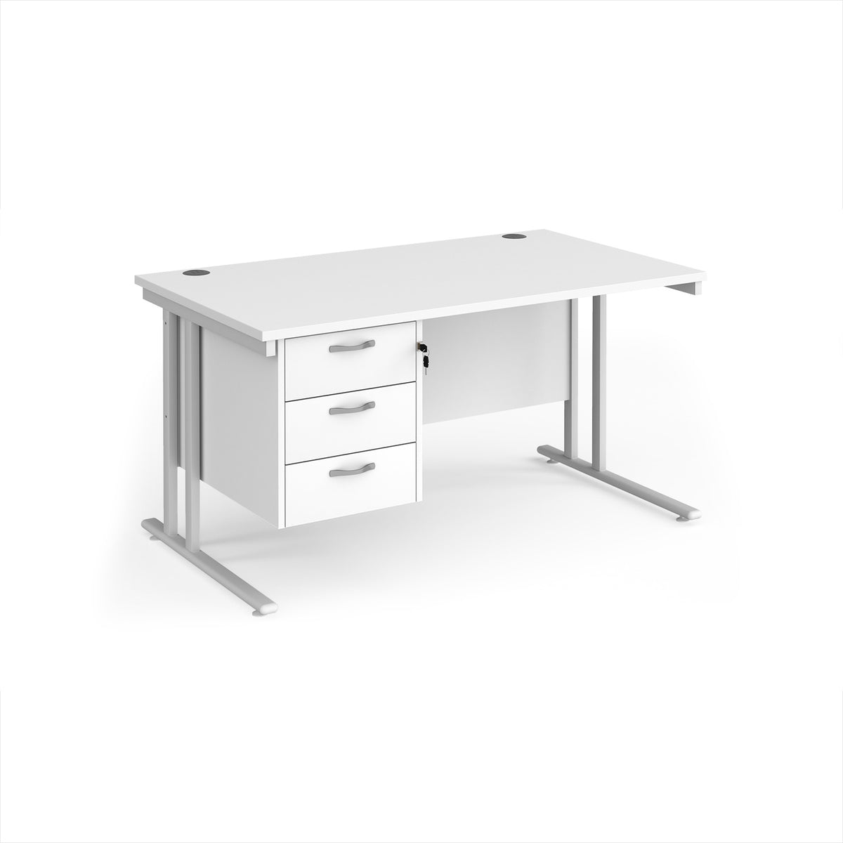 Maestro 25 straight desk 1400mm x 800mm with 3 drawer pedestal - white cantilever leg frame, White Top - view 1