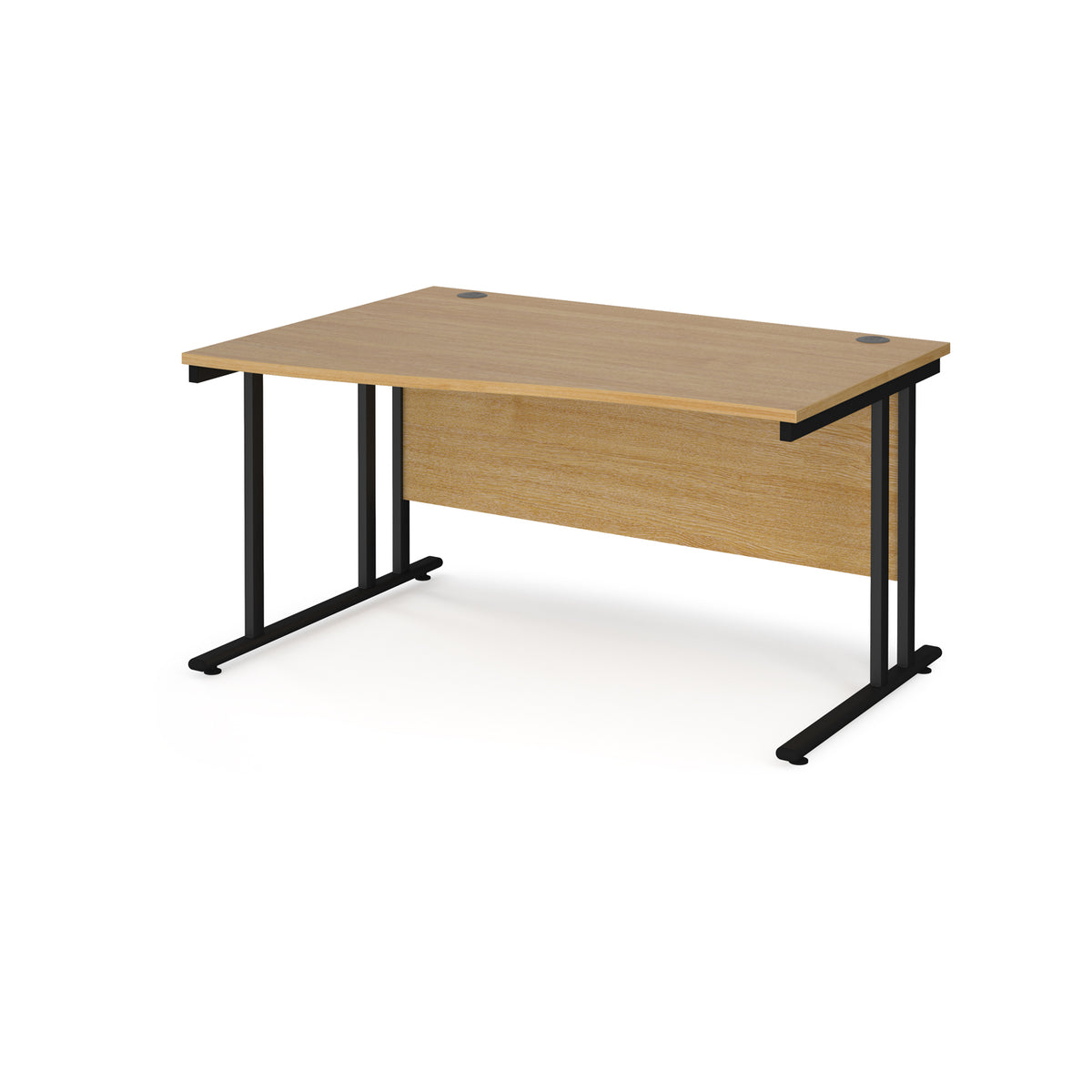 Maestro 25 left hand wave desk 1400mm wide - black cantilever leg frame, Oak Top - view 1