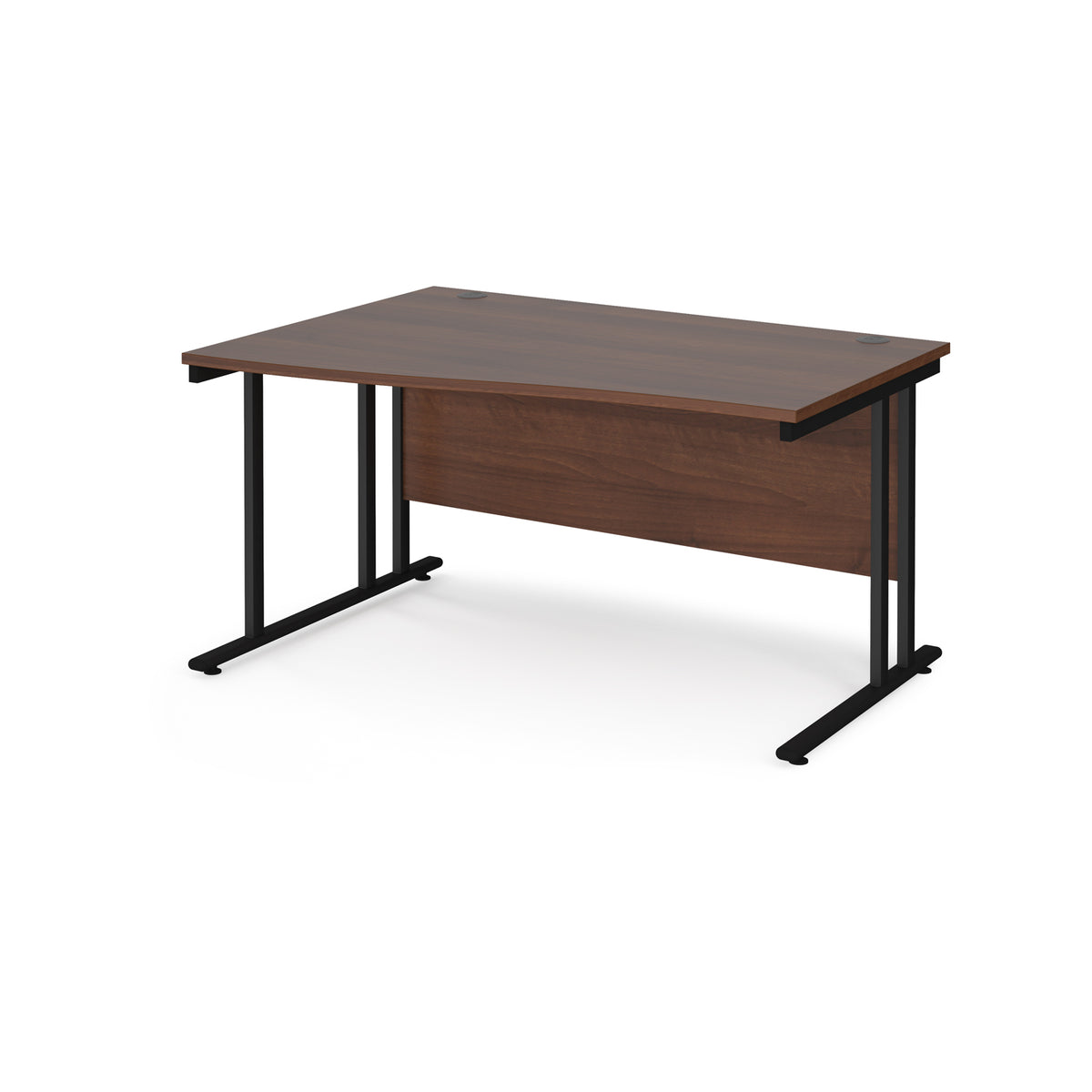 Maestro 25 left hand wave desk 1400mm wide - black cantilever leg frame, Walnut top - view 1
