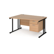 Maestro 25 left hand wave desk 1400mm wide with 2 drawer pedestal - black cantilever leg frame, Beech top - view 1