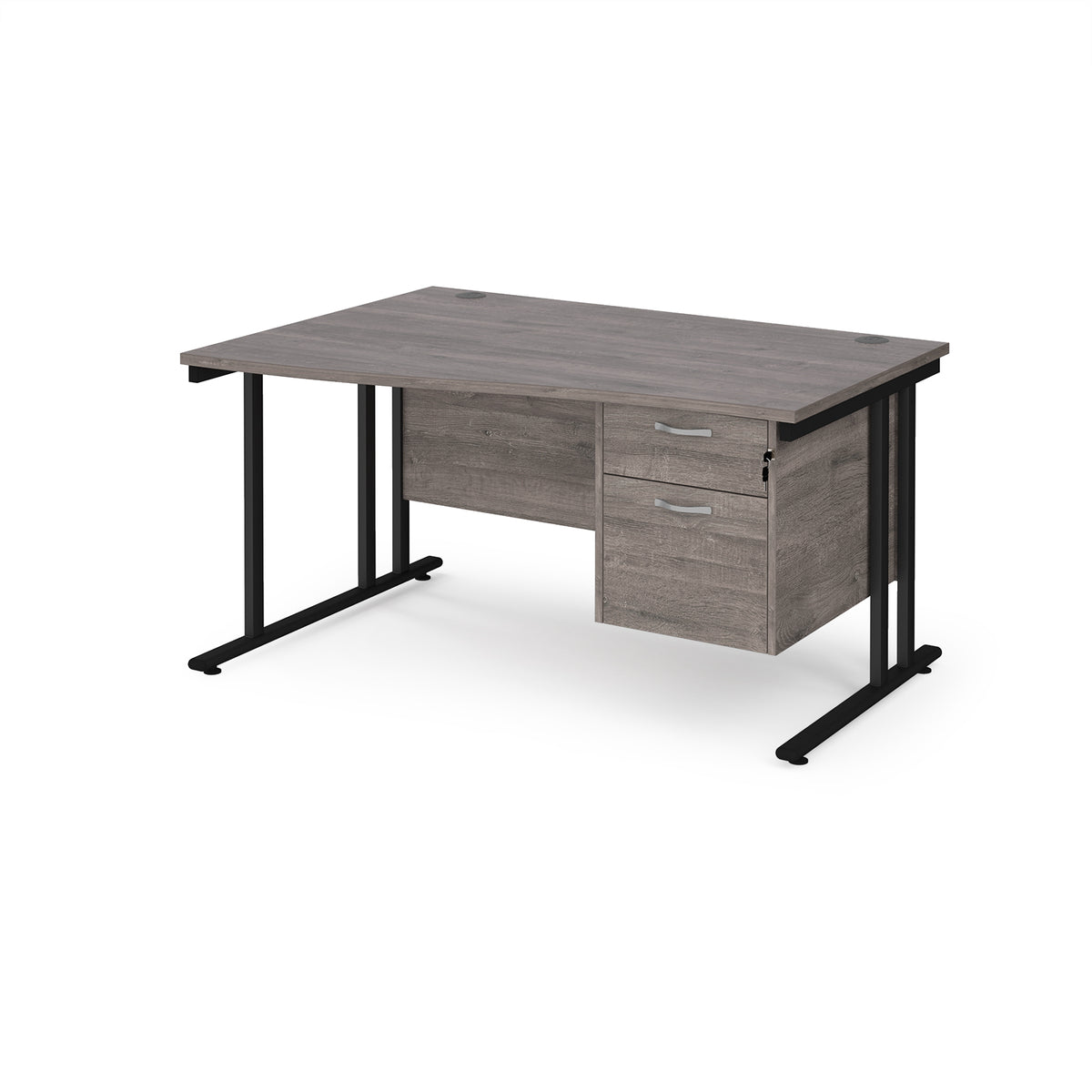 Maestro 25 left hand wave desk 1400mm wide with 2 drawer pedestal - black cantilever leg frame, Grey Oak Top - view 1
