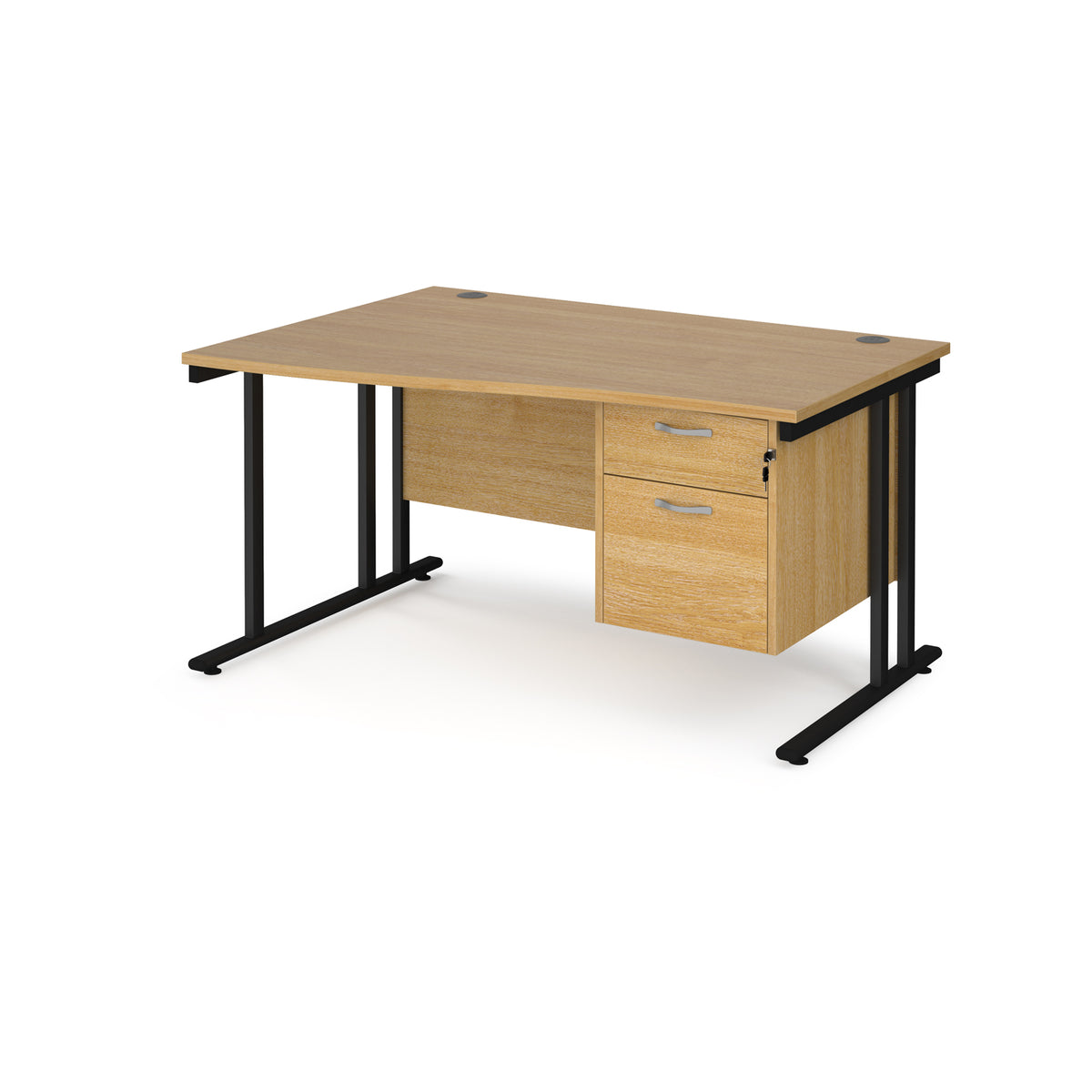 Maestro 25 left hand wave desk 1400mm wide with 2 drawer pedestal - black cantilever leg frame, Oak Top - view 1