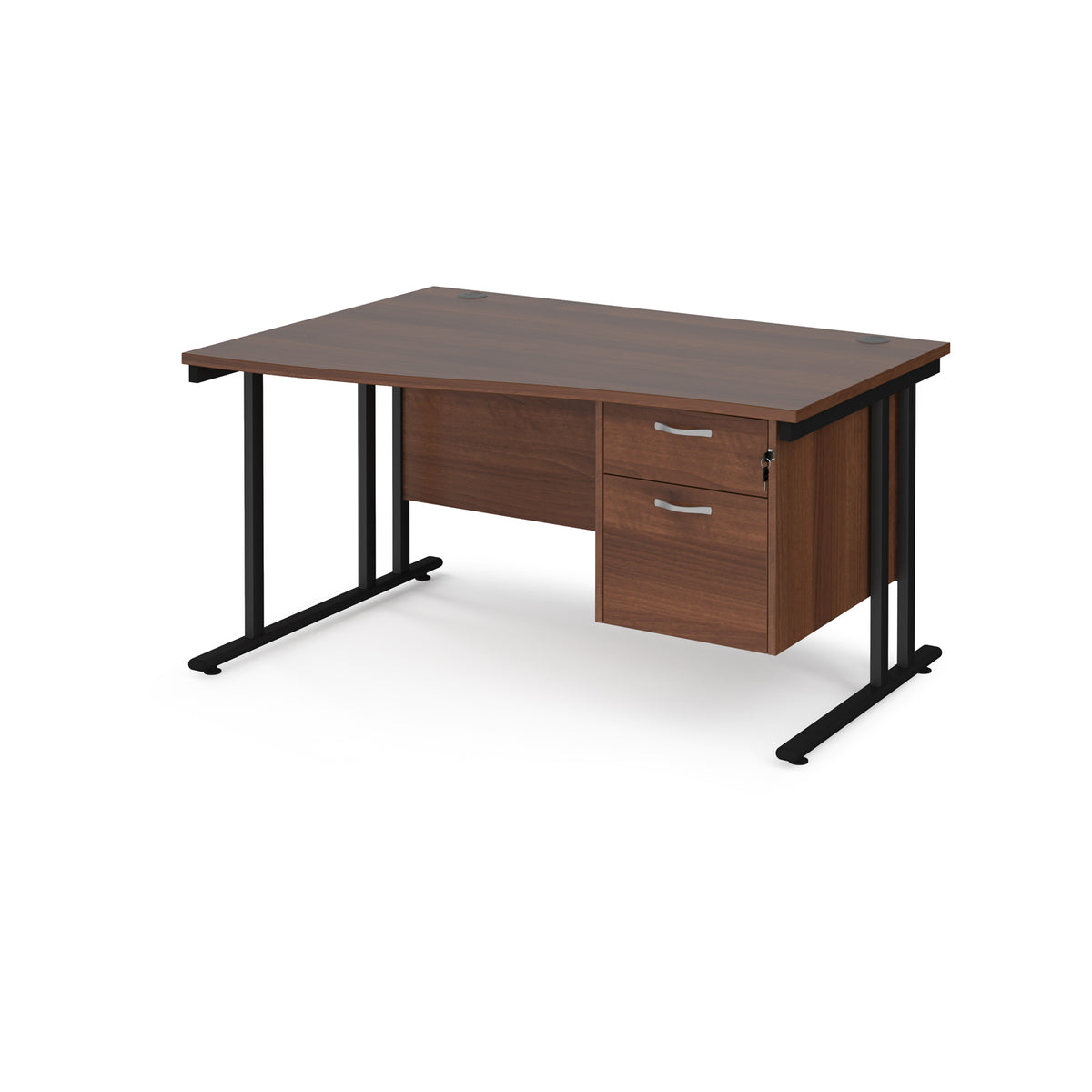 Maestro 25 left hand wave desk 1400mm wide with 2 drawer pedestal - black cantilever leg frame, Walnut top - view 1