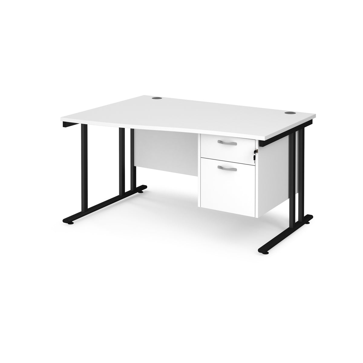 Maestro 25 left hand wave desk 1400mm wide with 2 drawer pedestal - black cantilever leg frame, White Top - view 1