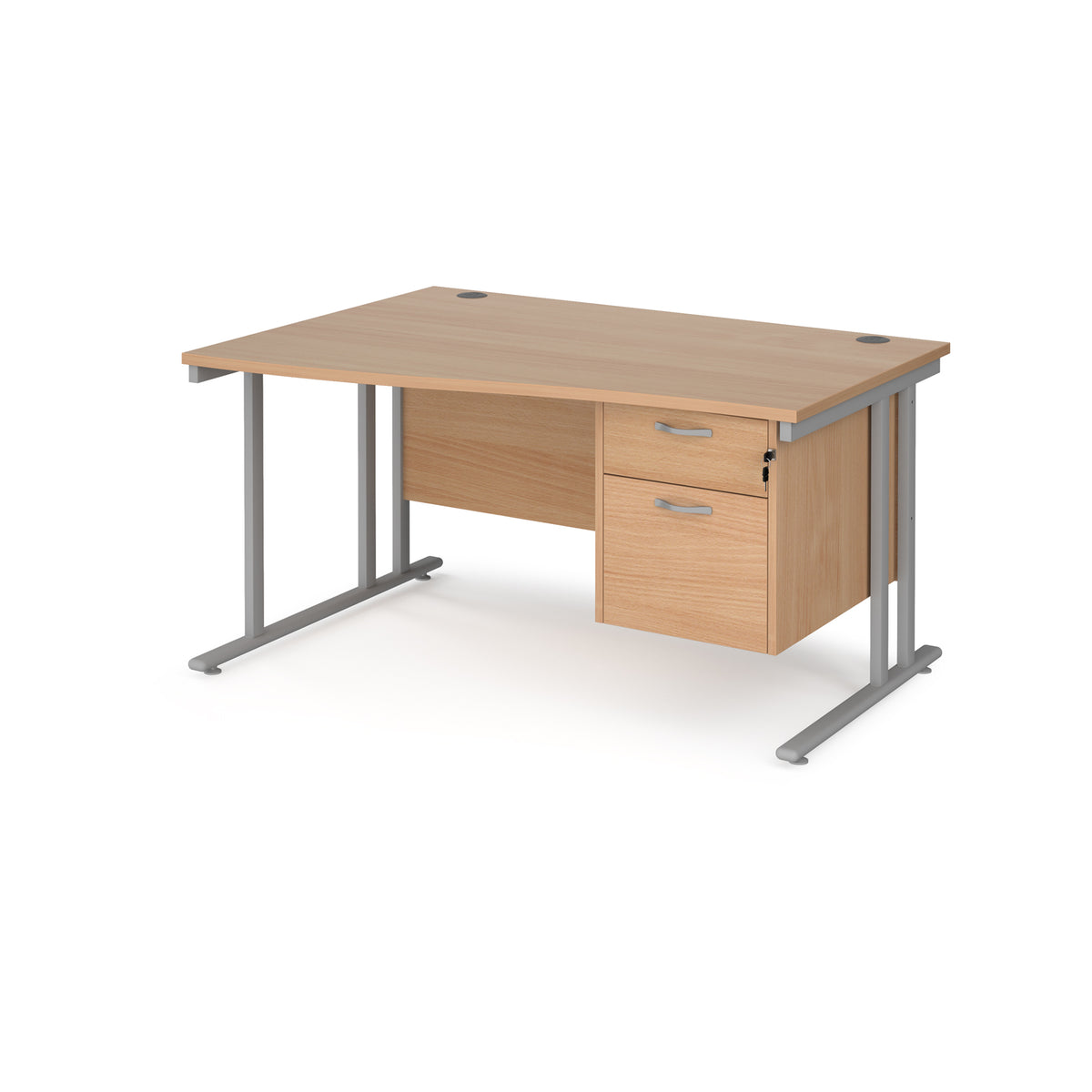 Maestro 25 left hand wave desk 1400mm wide with 2 drawer pedestal - silver cantilever leg frame, Beech top - view 1