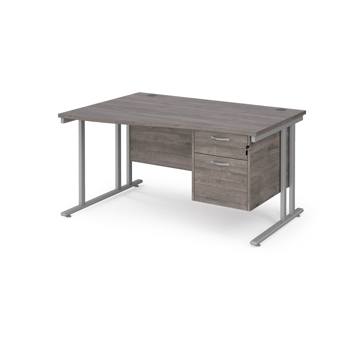 Maestro 25 left hand wave desk 1400mm wide with 2 drawer pedestal - silver cantilever leg frame, Grey Oak Top - view 1