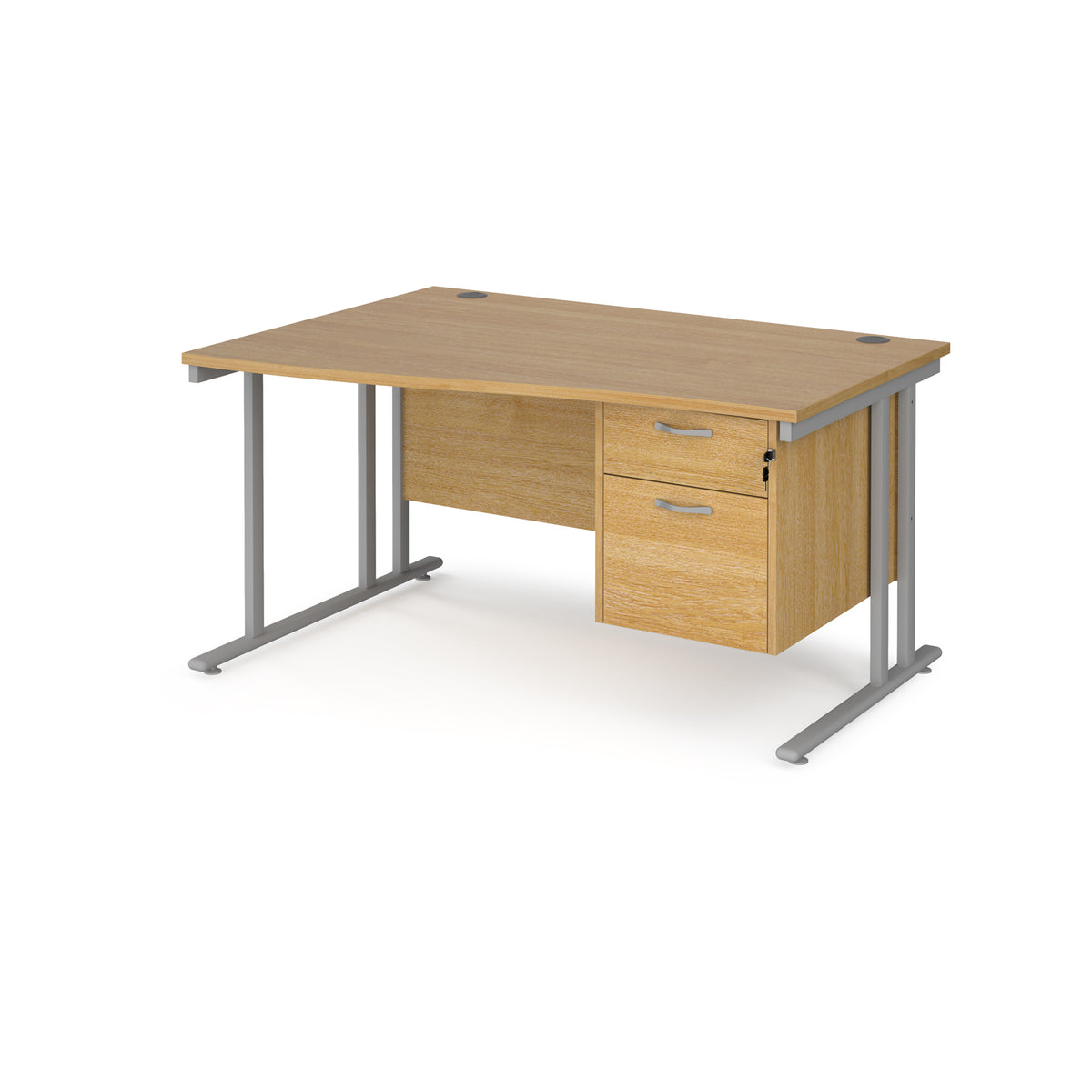Maestro 25 left hand wave desk 1400mm wide with 2 drawer pedestal - silver cantilever leg frame, Oak Top - view 1