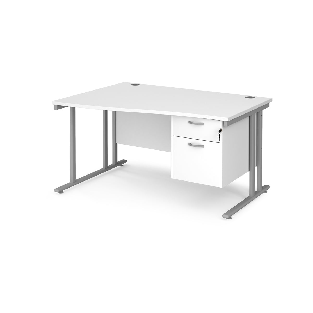 Maestro 25 left hand wave desk 1400mm wide with 2 drawer pedestal - silver cantilever leg frame, White Top - view 1