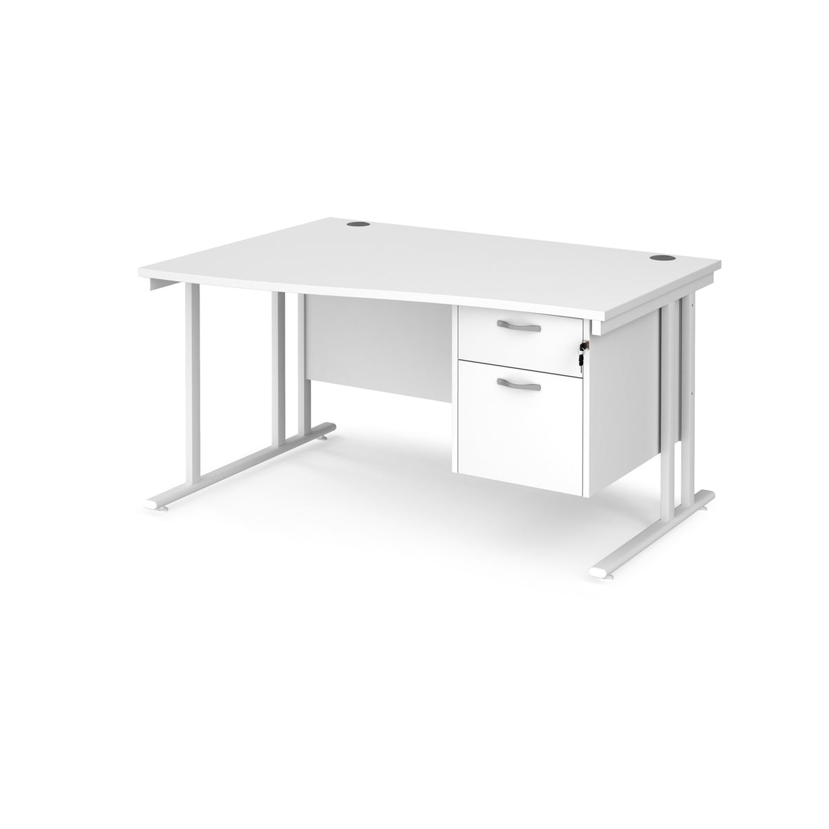 Maestro 25 left hand wave desk 1400mm wide with 2 drawer pedestal - white cantilever leg frame, White Top - view 1