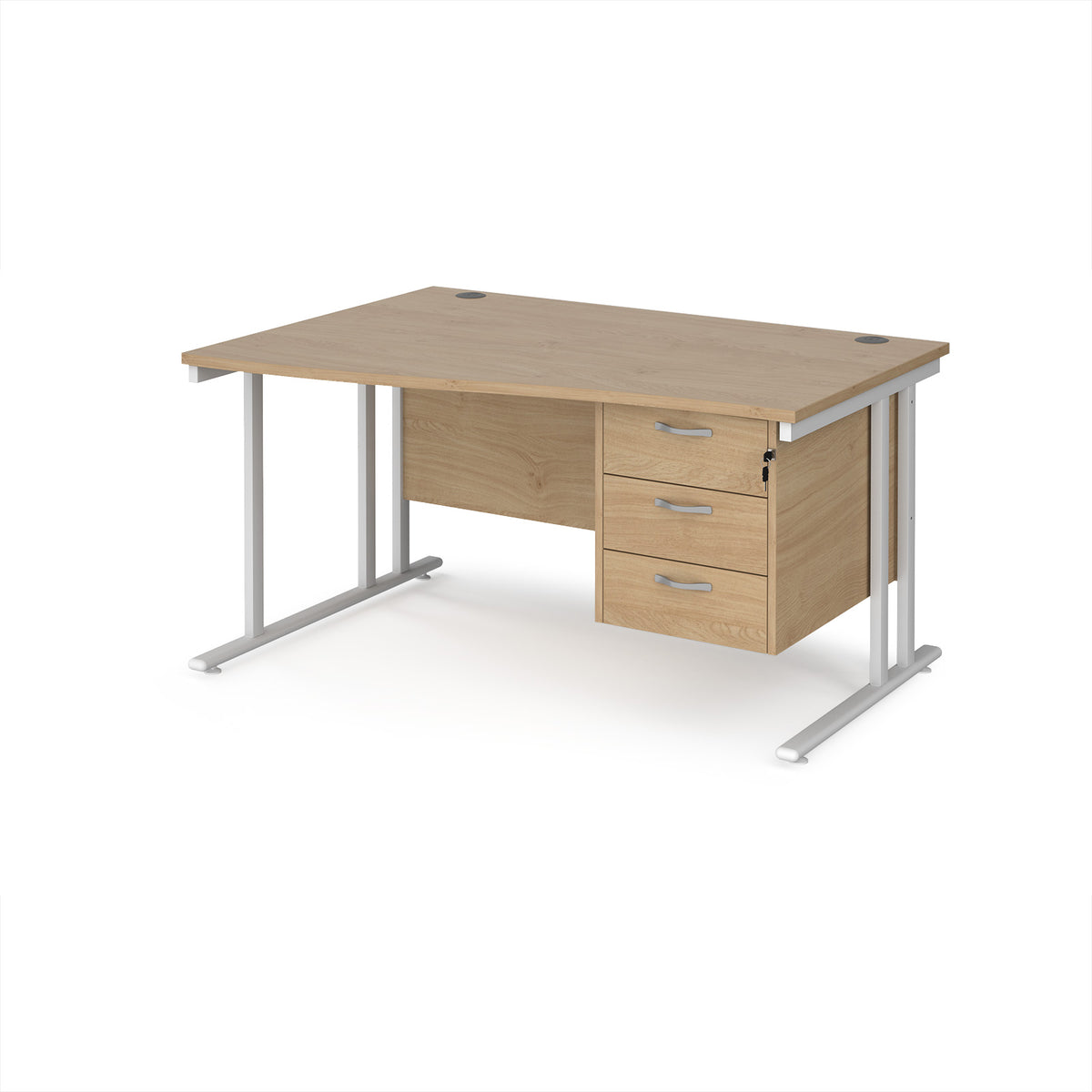 Maestro 25 left hand wave desk 1400mm wide with 3 drawer pedestal - white cantilever leg frame, Kendal Oak Top - view 1
