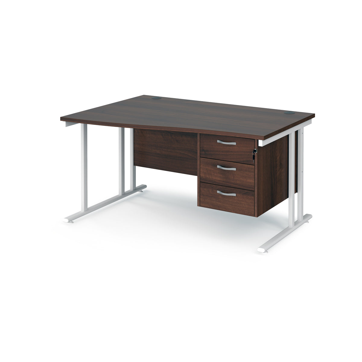 Maestro 25 left hand wave desk 1400mm wide with 3 drawer pedestal - white cantilever leg frame, Walnut top - view 1
