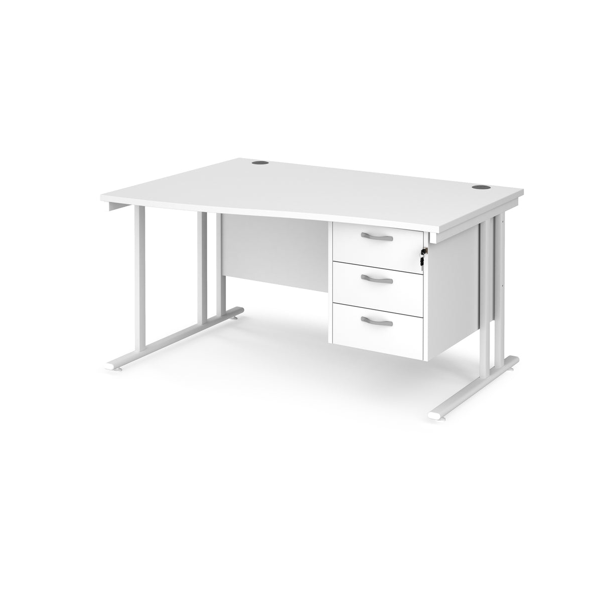 Maestro 25 left hand wave desk 1400mm wide with 3 drawer pedestal - white cantilever leg frame, White Top - view 1
