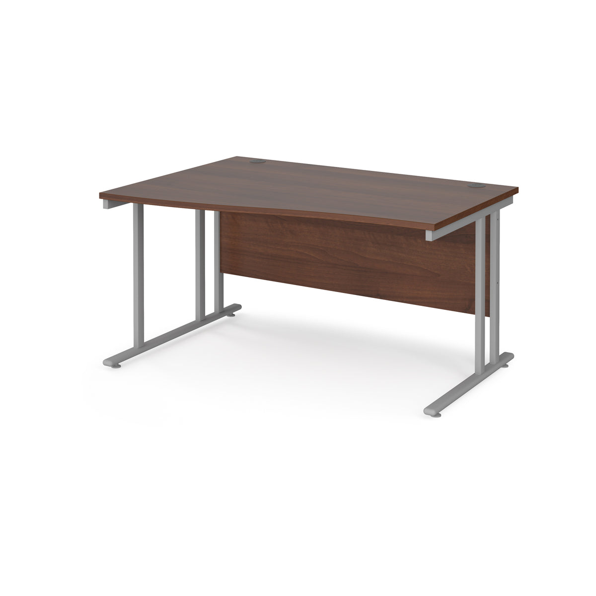 Maestro 25 left hand wave desk 1400mm wide - silver cantilever leg frame, Walnut top - view 1