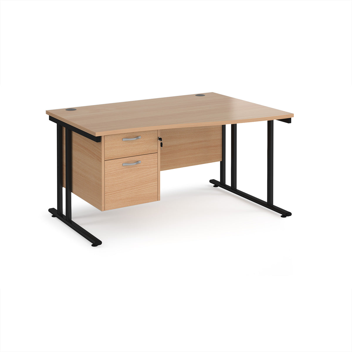 Maestro 25 right hand wave desk 1400mm wide with 2 drawer pedestal - black cantilever leg frame, Beech top - view 1