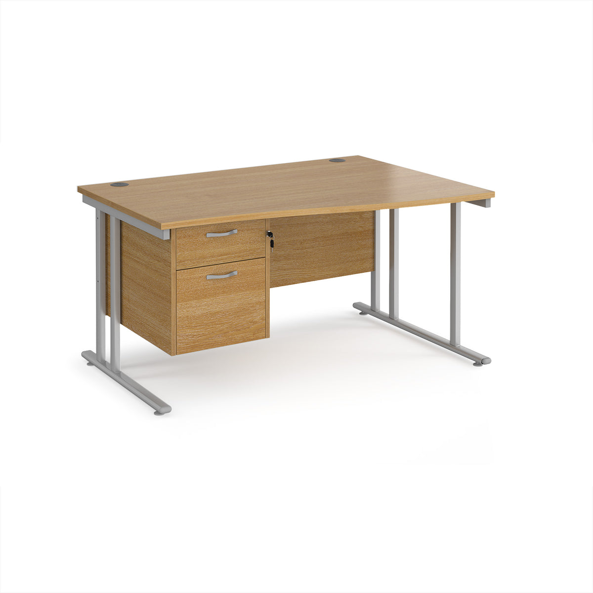 Maestro 25 right hand wave desk 1400mm wide with 2 drawer pedestal - silver cantilever leg frame, Oak Top - view 1