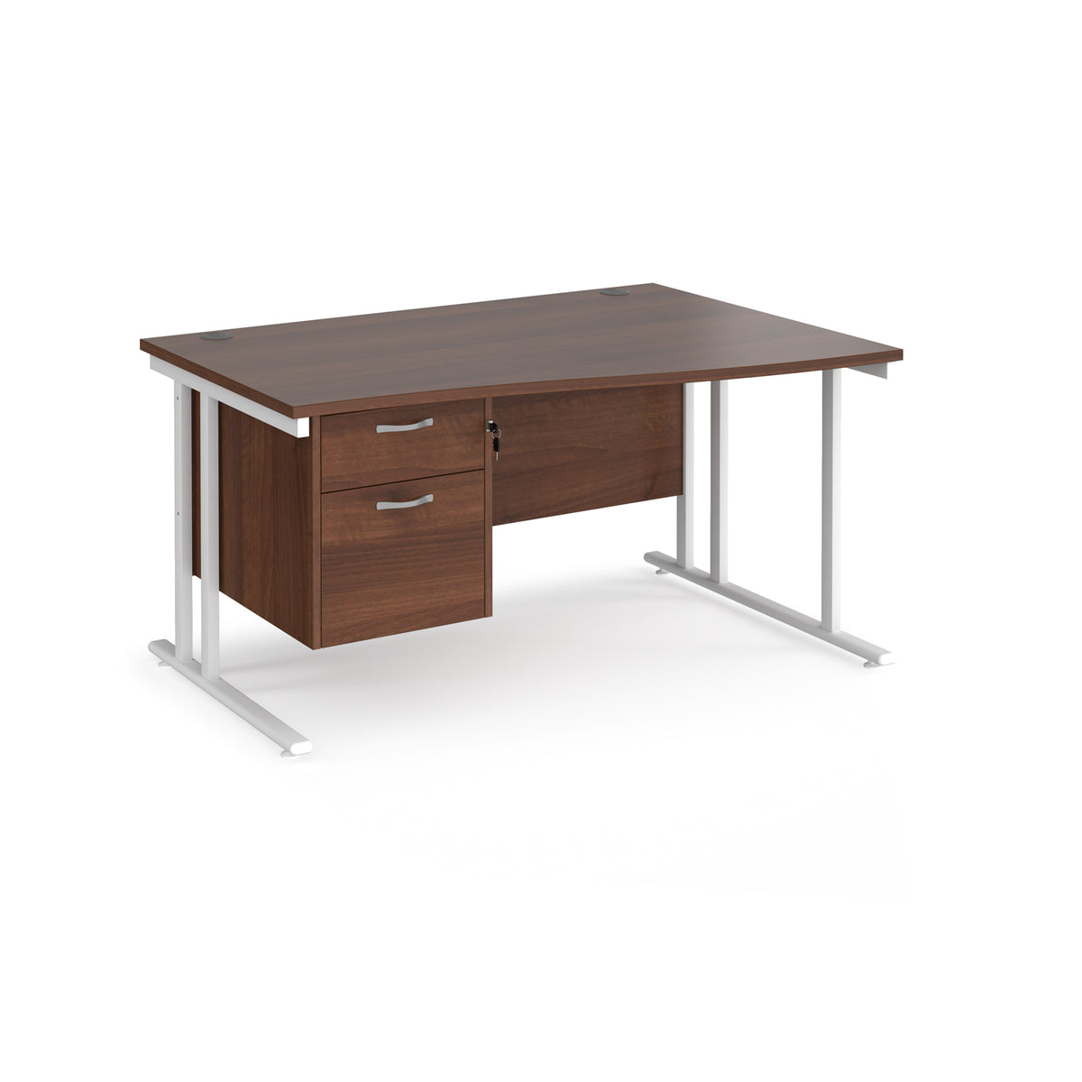 Maestro 25 right hand wave desk 1400mm wide with 2 drawer pedestal - white cantilever leg frame, Walnut top - view 1
