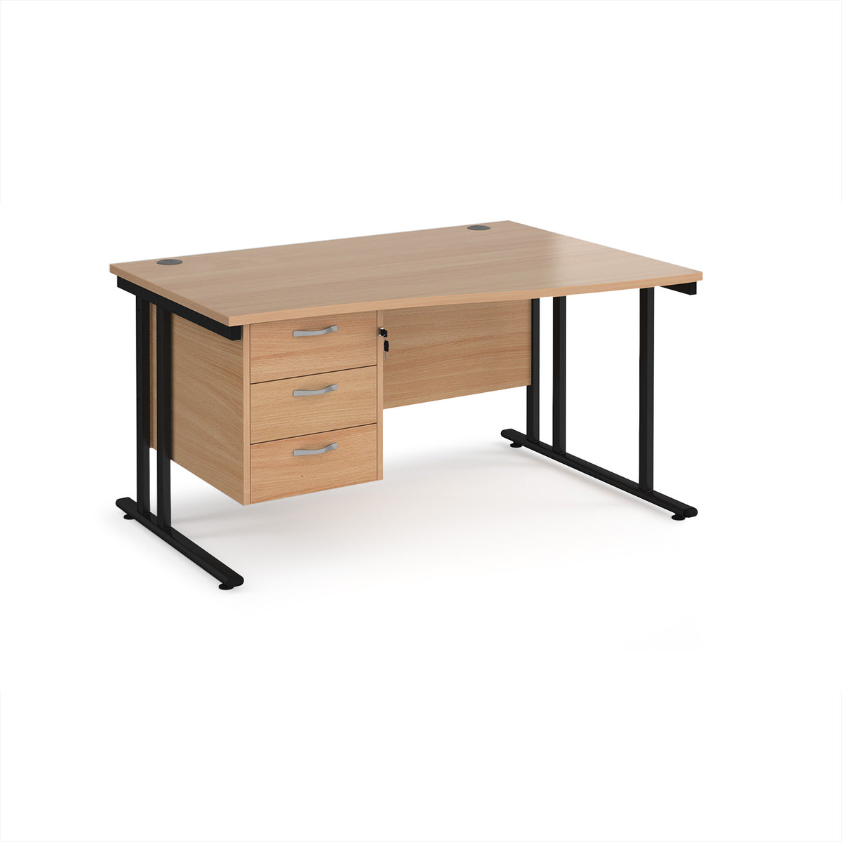 Maestro 25 right hand wave desk 1400mm wide with 3 drawer pedestal - black cantilever leg frame, Beech top - view 1