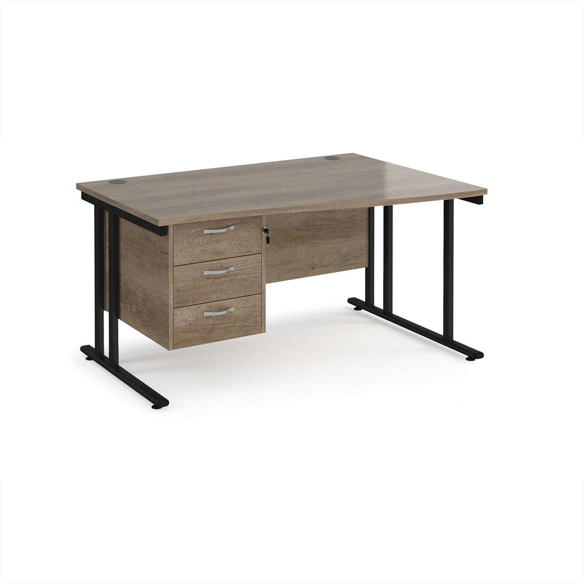 Maestro 25 right hand wave desk 1400mm wide with 3 drawer pedestal - black cantilever leg frame, Nebraska Oak Top - view 1