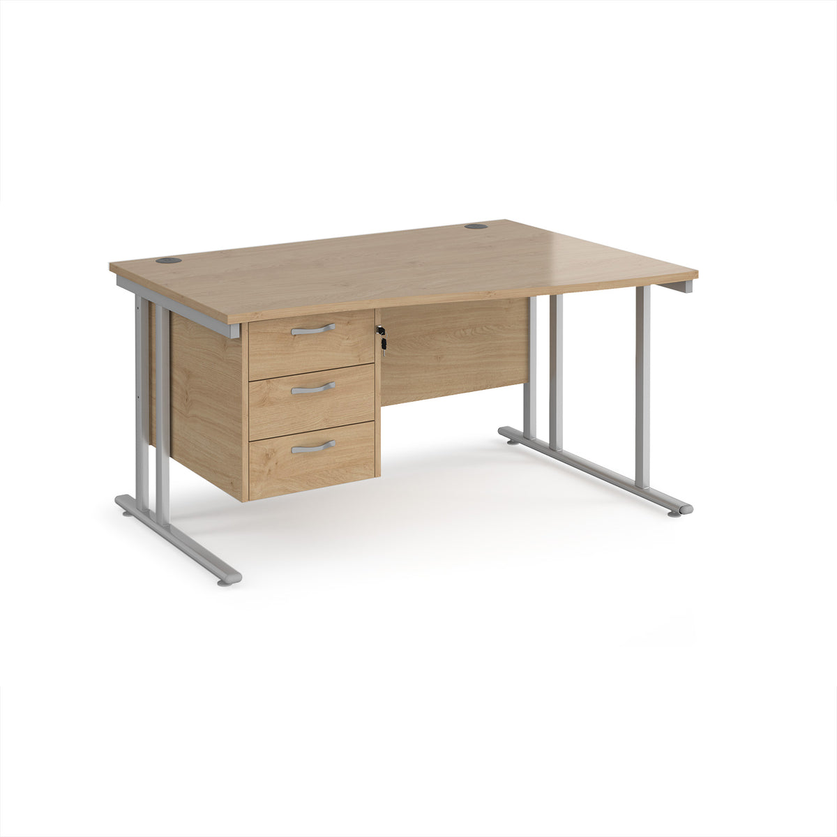 Maestro 25 right hand wave desk 1400mm wide with 3 drawer pedestal - silver cantilever leg frame, Kendal Oak Top - view 1